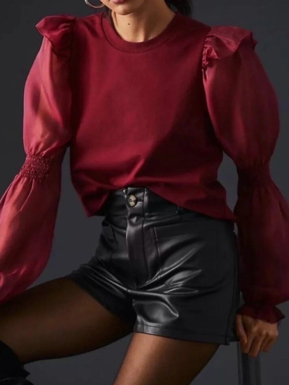 English Factory x Anthropologie Burgundy Organza Ruffle Blouse Statement Size M